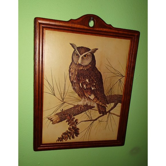 Vintage E Rambow Great Horned Owl Art on Wood Wall Hanging bird of prey plaque - Picture 4 of 10